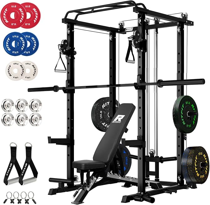RitFit Power Cage Home Gym Package with Cable Crossover System | 1200LBS Power Rack, Weight Bench, Olympic Barbell & 230LBS Bumper Plates — All-in-One Home Gym