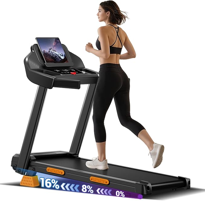 CURSOR FITNESS 16% Incline Treadmills for Home Small with 3 LED Displays, 3.0HP Foldable Walking Pad Treadmill Up to 400LBS Capacity, Portable Treadmill 0.6-7.0MPH