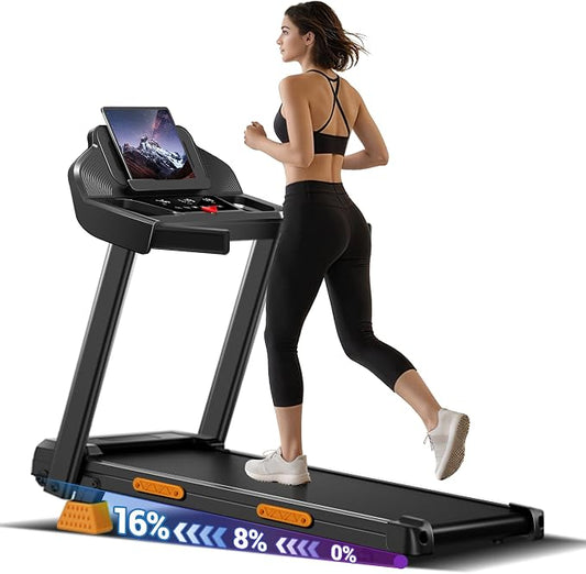 CURSOR FITNESS 16% Incline Treadmills for Home Small with 3 LED Displays, 3.0HP Foldable Walking Pad Treadmill Up to 400LBS Capacity, Portable Treadmill 0.6-7.0MPH