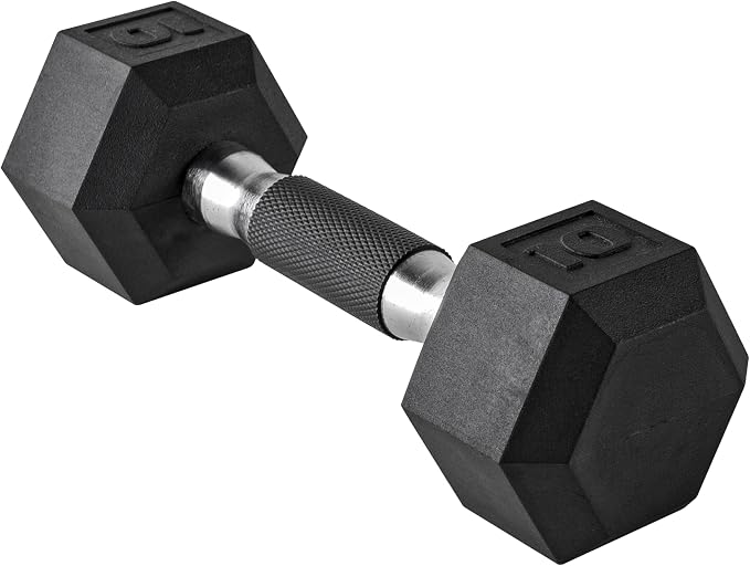 CAP Rubber Coated Dumbbell Weights, Free Weights for Home Gym Strength Training, Anti-Roll Hex Dumbbells with Black, Chrome & Comfort Grip Handles, Singles