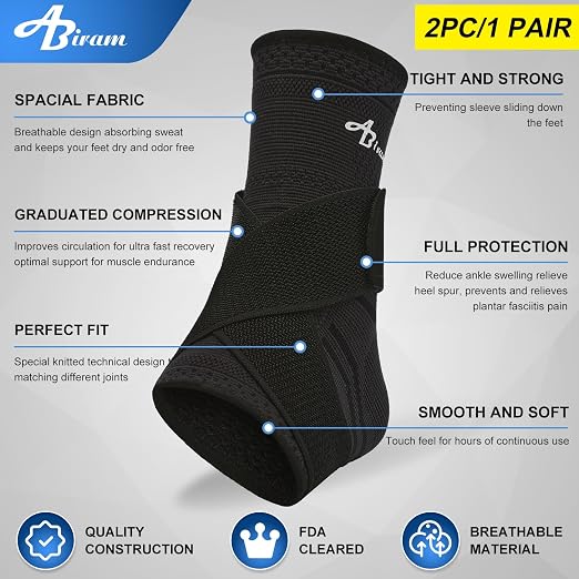 ABIRAM Ankle Brace for Men & Women - Adjustable Compression Sleeve with Wrap, Stability Support & Relief for Sprained Ankle, Plantar Fasciitis & Achilles Tendonitis - Breathable Running & Sports Gear