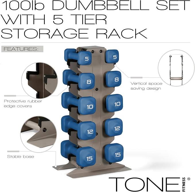 Tone Fitness Neoprene Dumbbell Set with Storage Rack – Non-Slip, Anti-Roll Hand Weights for Home Gym Workouts | 20 lb, 32 lb, 50 lb, 60 lb & 100 lb Options