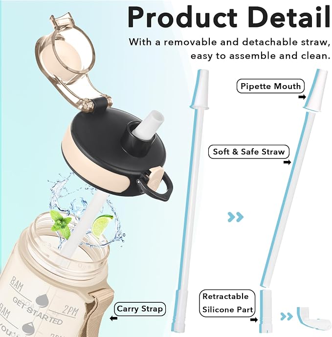 Enerbone Water Bottle, Leakproof BPA & Toxic Free, Motivational Water Bottle with Times to Drink and Straw, Fitness Sports Water Bottle with Strap for Office, Gym, Outdoor Sports