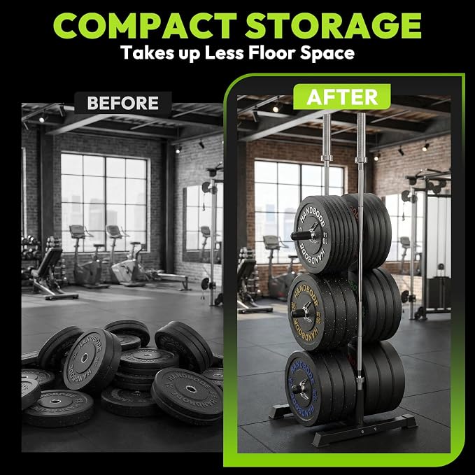 HANDBODE Weight Plate Rack with Barbell Storage, 1100 lbs Capacity | 6-Peg Vertical Holder for 1- or 2-Inch Plates, Heavy-Duty Organizer for Home Gym