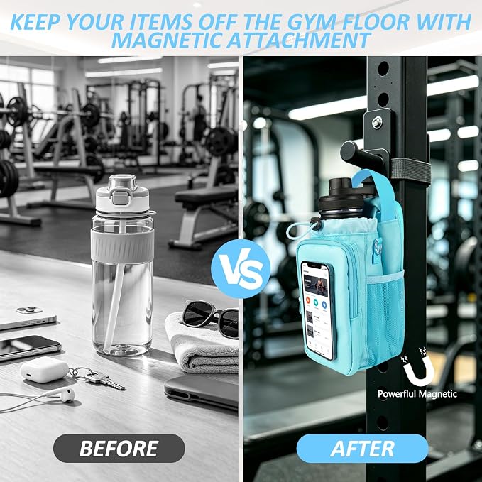 JACZZO Magnetic Gym Bag, Water Bottle Holder,Hands-Free Phone Mount,Gym Gifts for Women and Men (Blue)