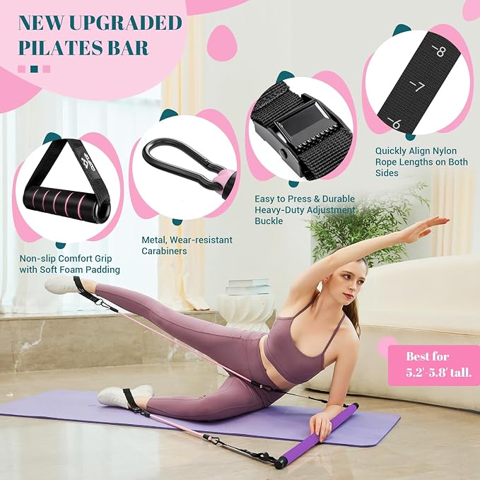 Pilates Bar Kit with Resistance Bands, Multifunctional Yoga Pilates Kit | Heavy-Duty Metal Adjustment Buckle, Portable Home Gym Pilates Resistance Bar Kit for Women Full Body Workouts