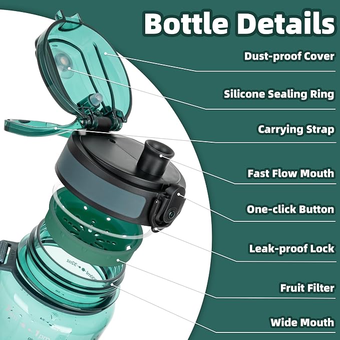OLDLEY 32 oz Water Bottle, Motivational Water Bottle with Time Marker, Sports Water Bottle With Strap, Leakproof & BPA Free Large Water Bottles for School, Gym, Travel, Tritan, Transparent Dark Green