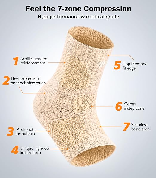 Flat Knitting Ankle Brace for Women&Men, 7-Zone Dynamic Compression Sleeve w/Flex Strap,Foot Support for Sports, Sprained Ankle, Achilles Tendonitis, Plantar Fasciitis Relief(Pack of1) L,Nude