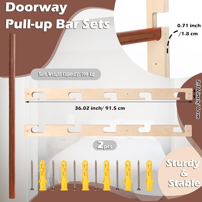 Leinuosen Doorway Pull-up Bar Sets Adjustable 5 Levels Wooden Doorway Pull-up Bar and 2 Door Frame with 6 Sets of Screw-in Heavy-duty Door-mounts to Fits 118cm