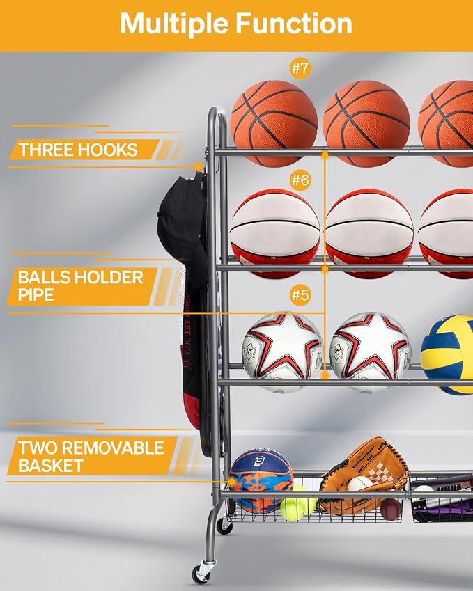 EXTCCT Basketball Rack, Rolling Basketball Shooting Training Stand,Sports Equipment Storage with Wheels, Four-Layer Organizer Holder with Two Basket for Basketballs Footballs Volleyball