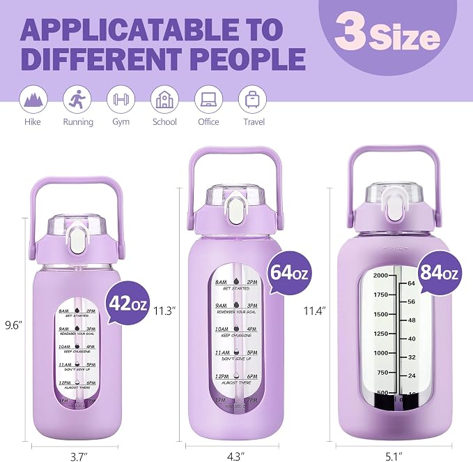 84oz Glass Water Bottle with Straw, 2.5 Liter Large Water Bottle with Silicone Sleeve and OZ Marker, Wide Mouth Gallon Glass Bottle with 2-in-1 Lid, Leakproof Water Jug for Gym Home, Purple