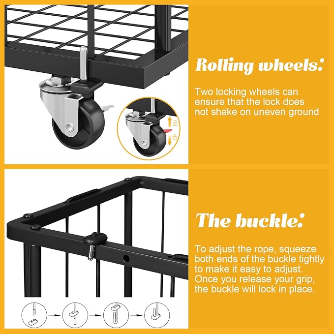 Large Capacity Garage Ball Storage- [Hold 16-20 Balls]: Rolling Sports Equipment Organizer Cart with Elastic Rope, Ball Rack with Wheels for Basketball, Soccer, Football, Indoor/Outdoor, Black