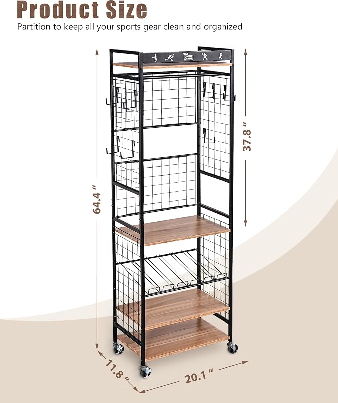 Mythinglogic Home Gym Storage Rack with Wheels for Dumbbells and Yoga Mats | Versatile storage with shelves, hooks and side holders for kettlebells, foam rollers, bands, weight plates and gym gear