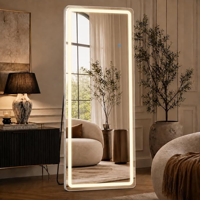 71" x 26" Arched Full Length Mirror with LED Lights, Floor Mirror with Stand, Wall Mirror Full Length, Body Floor Mirror, Wall Mounted Mirror for Bedroom, Dimmable, Tempered Glass