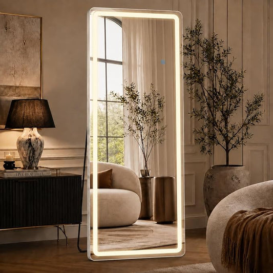 71" x 26" Arched Full Length Mirror with LED Lights, Floor Mirror with Stand, Wall Mirror Full Length, Body Floor Mirror, Wall Mounted Mirror for Bedroom, Dimmable, Tempered Glass