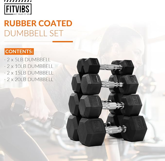 Fitvids Rubber Encased Hex Dumbbell Set Contoured Handle for Muscle Toning, Strength Building & Full Body Workout, 60LB, 100LB, 150LB and 550LB Set