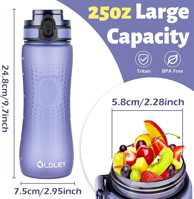 OLDLEY 25 oz Water Bottle, Motivational Water Bottle with Time Marker, Sports Water Bottle With Strap, Leakproof & BPA Free Large Water Bottles for School, Gym, Travel, Outdoor, Tritan,Purple