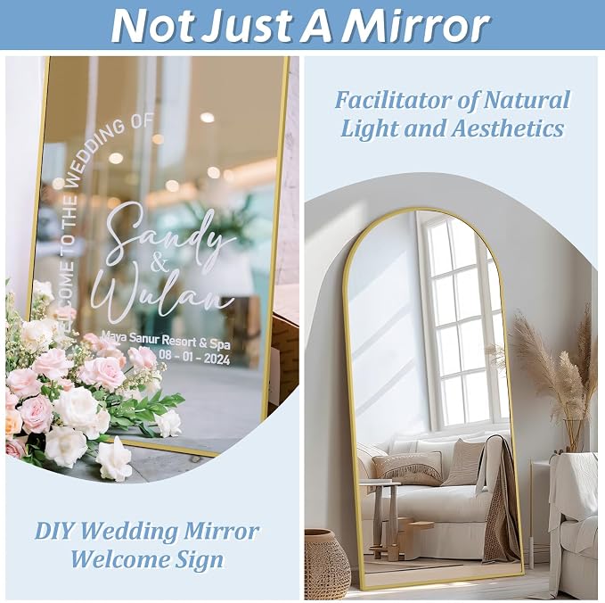 76"x34" Large Arched Floor Mirror Full Length with Stand, Gold | Vertically Wall‑Mountable, Freestanding or Wall‑Leaning, for Bedroom Living Room Gym, Tempered Glass, Aluminum Alloy Frame