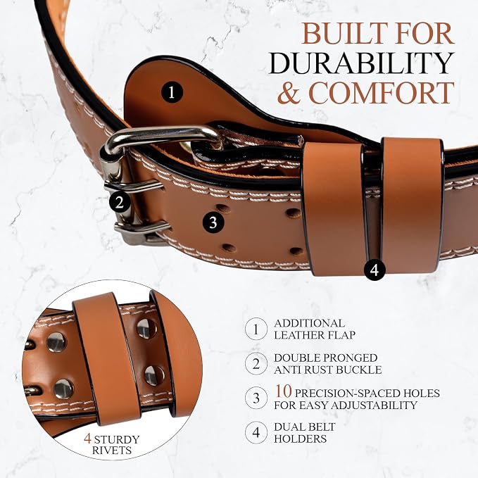 Leather Gym Fitness Belt, 4" & 6" Padded Lumbar Back Support, 10 Adjustable Holes for Weightlifting Powerlifting Bodybuilding Deadlift Squat Workout Strength Training