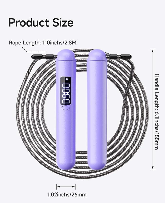 ACHDOFITS Jump Rope with Smart Counter for Adults | Tangle-free Steel Core, 170g. Fits 5'-6'5". 4 Modes: Beginner-HIIT. Rechargeable. For Women & Men. Tracks Calories & Jumps.