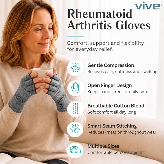 Vive Arthritis Gloves - Men, Women Rheumatoid Compression Hand Glove for Osteoarthritis- Arthritic Joint Pain Relief - Carpal Tunnel Wrist Support - Open Finger, Fingerless Thumb for Computer Typing | Osteoarthritis- Arthritic Joint Pain Relief - Carpa...