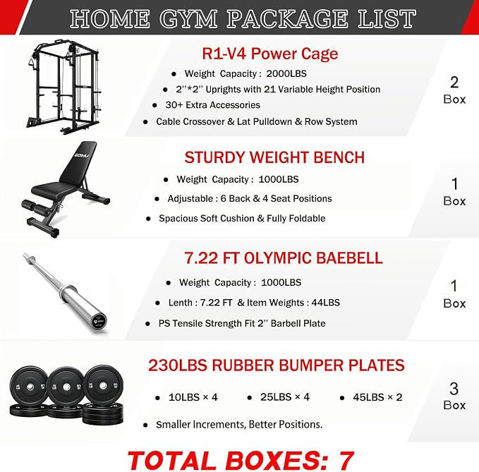 R1-V4 Power Cage Rack, 2000LB Squat Rack with Cable Crossover System, Multi-Function Weight Cage, Home Gym Workout Machine with More Training Attachments