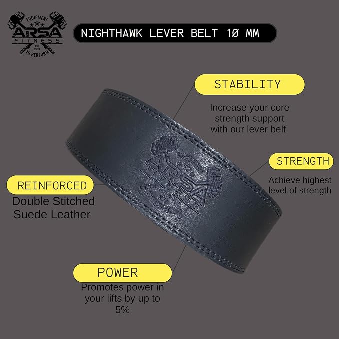 Arsa Fitness Weightlifting Adjustable Lever Belt for Men & Women Real Cow Hide Leather for Powerlifting Back Support Workout Deadlifts Squats 10MM Thickness 4" Width - Nighthawk