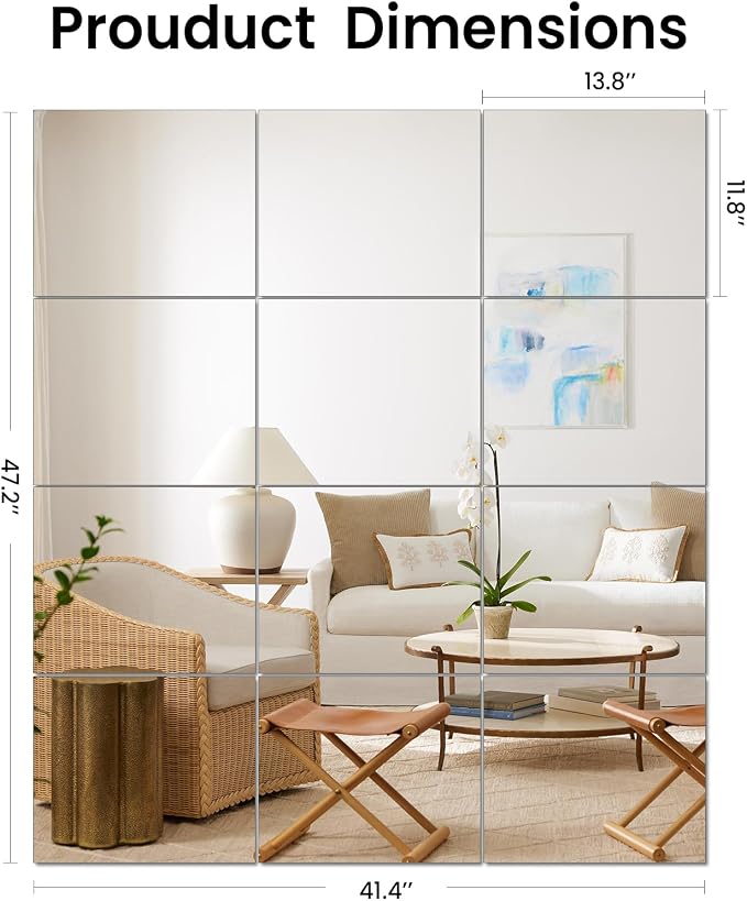 JAMBALAY Home Gym Mirrors for Gym, 12Pcs 14″×12″ Square HD Glass Full Length Wall Mirror Tiles, Self Adhesive Frameless Wall Mirror for Bedroom, Living Room, Over The Door