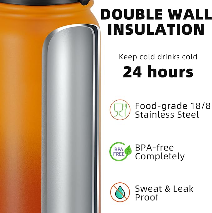 Fanhaw 24 oz Insulated Stainless Steel Water Bottle with Anti-Dust Chug Lid, Leakproof Vacuum Metal Everyday Use Bottle for Kids, Teens & Adults, Back to School Essentials (Yellow Orange)