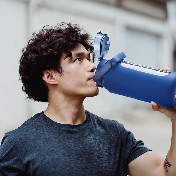 52 oz Glass Water Bottle with 2-in-1 Straw Lid Large Half Gallon Water Bottle with Time Marker & Removable Silicone Sleeve,Wide Mouth BPA-Free Borosilicate Bottle for Gym, Workout & Daily Use