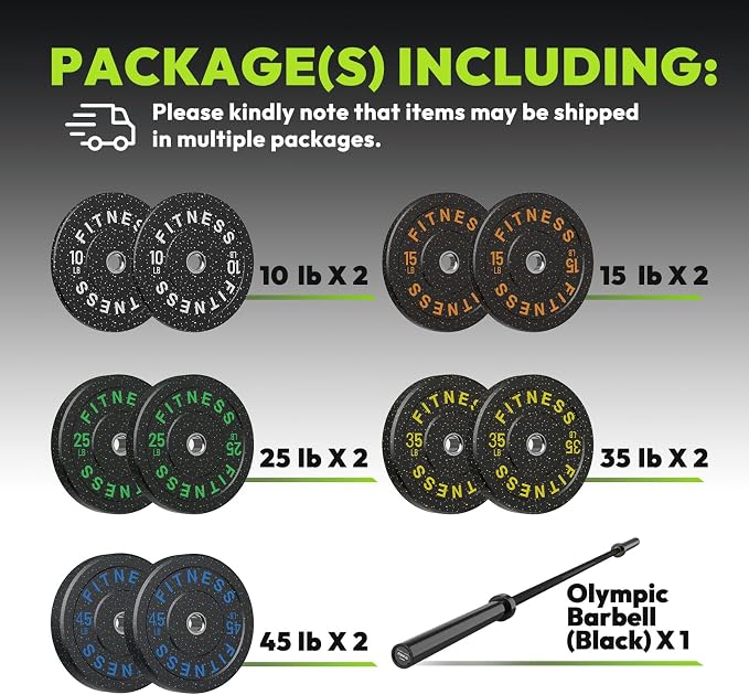 HANDBODE Olympic Barbell Set, 2-Inch Bumper Plates with Weight Plate Rack | Colored Crumb Rubber Weight Plates for Weight Lifting & Strength Training, 90–530 lb Set with 45 LB (20 kg) Olympic Barbell