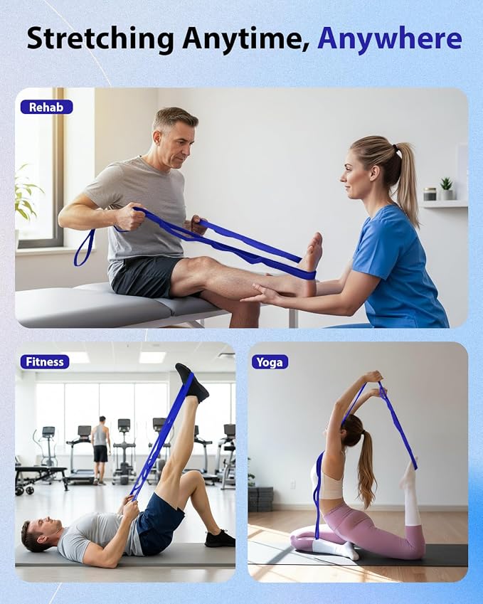 Trideer Stretching Strap with Loops & Leg Lifter, Non-Elastic PT-Style Physical Therapy Strap for Knee Replacement Rehab, Hamstring, Calf & Back Stretcher Mobility, Hip, Shoulder & Yoga