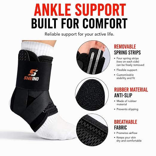 Ankle Brace Support Lace Up for Women & Men, 4 Stays for Sprains, M | Upgraded support, 4 removable side stays, breathable mesh, sprained ankle and Achilles tendonitis support, soccer and running