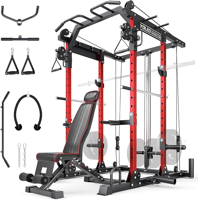 YOLEO Smooth Pulley System Power Cage, Adjustable Cable Crossover Power Rack, Multi-Functional Cable Machine for Home Gym