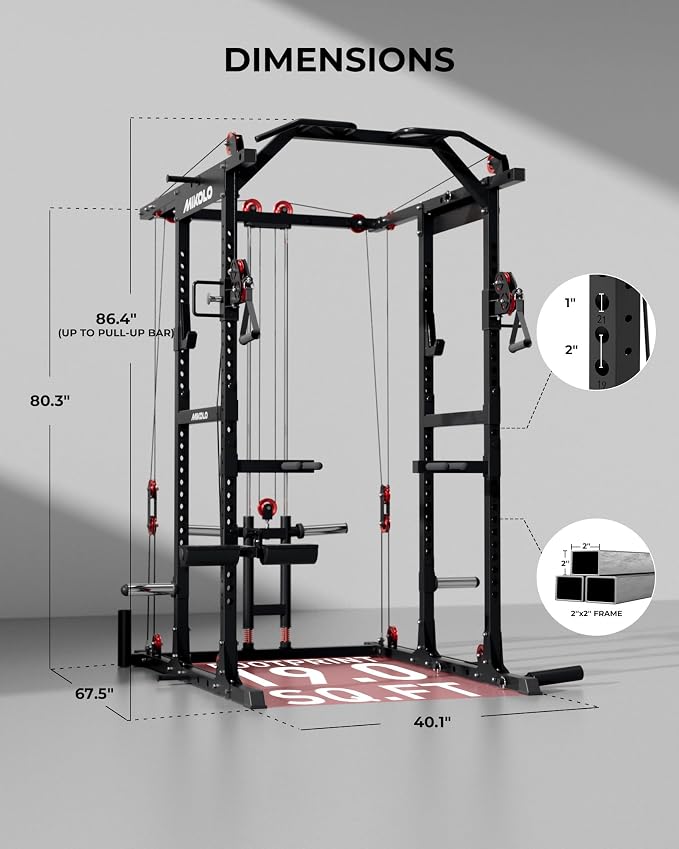 Mikolo K6 2.0 Power Cage, Power Rack with Cable Crossover System, 2000LBS Squat Rack with LAT Pull Down System, Functional Trainer with Aluminum Pulley System for Home Gym