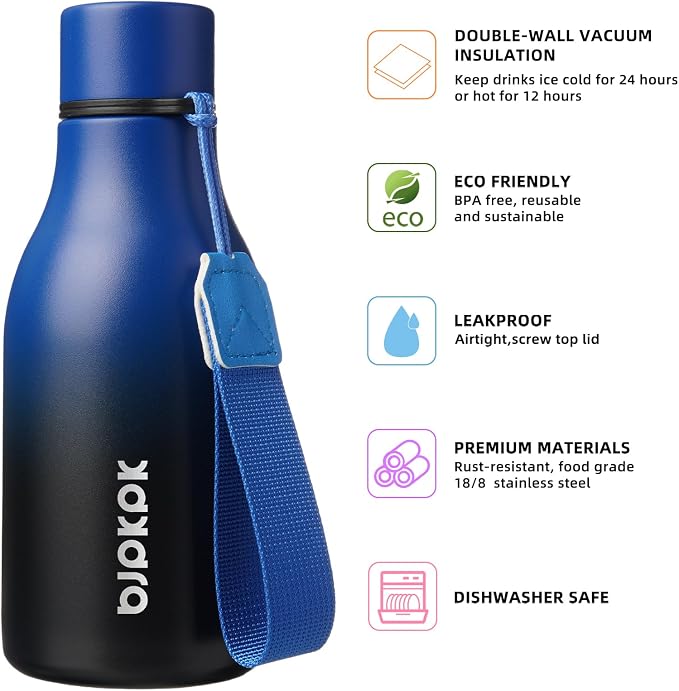 BJPKPK 12oz Insulated Water Bottle, Stainless Steel Bottle with Carry Strap | Keep Cold & Hot Vacuum Insulation, Leak-Proof BPA-Free Design, Slim Bottle Fits Most Cup Holders for Gym, Office & Travel