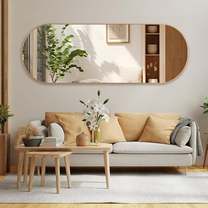 ZHUNFA Arched Full Length Floor Mirror, 65x 22 Oval Mirror with Metal Frame | Large Wall Mounted Arched-Top Body for Living Room, Bedroom, Bathroom, Entryway, Dressing Room, Gold