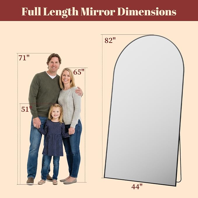 Suidia 82"x44" Arched Full Length Mirror with Stand, Full Body Mirror with Aluminum Frame, Freestanding/Leaning/Wall-Mounted, Floor Mirrors for Bedroom, Living Room, Entryway, Dressing Room, Black