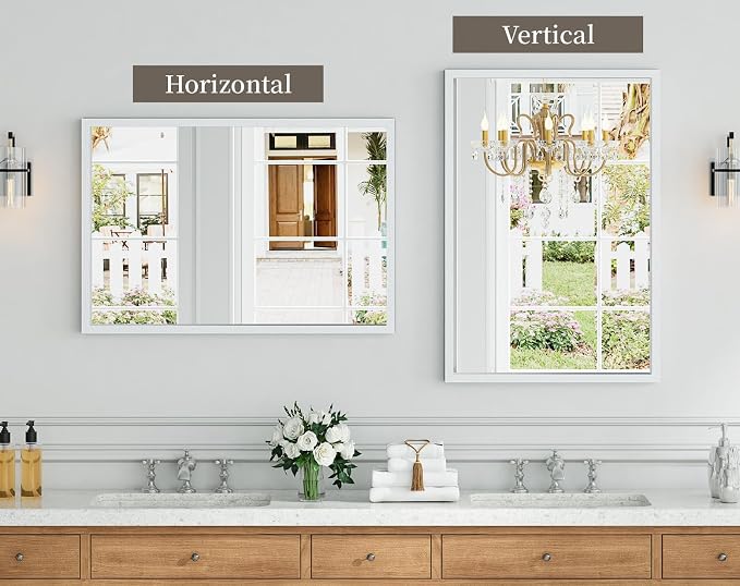 Syndra White Wood Frame Bathroom Mirror, 24''x36'' Modern Vanity Mirror for Wall, Waterproof Slim Deep Frame, Rectangular HD Tempered Glass Mirror for Living Room, Bedroom, Entryway, Rustic, Farmhouse