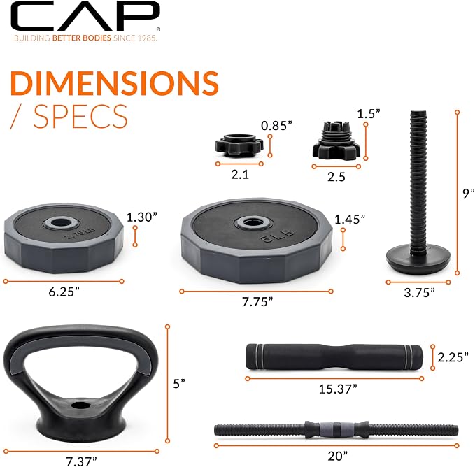CAP Adjustable Weight Set, Multi-Use Adjustable Dumbbell Set for Home Gym Strength Training, Quick Change Free Weights System, Compact Workout Equipment, Multiple Weight Options