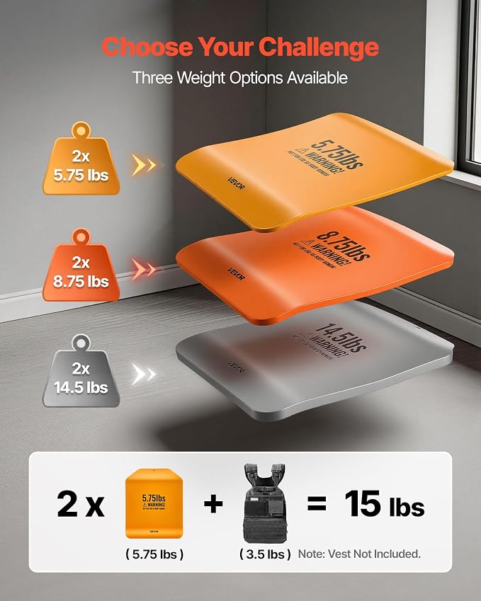 VEVOR Weight Vest Plates, 5.75/8.75/14.5/19.75 LB Pairs, Premium Steel Weighted plates, Additional Weight for Weight Vests, for Strength Training, Running, Fitness, Heavy Workouts