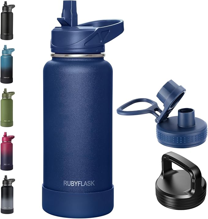 RUBYFLASK 32 oz Insulated Stainless Steel Water Bottle with Straw | 3 Lids, Wide Mouth, Metal Vacuum Leakproof Water Jug Flask and Handle, Large Thermal Cup with Silicone Boot, Navy