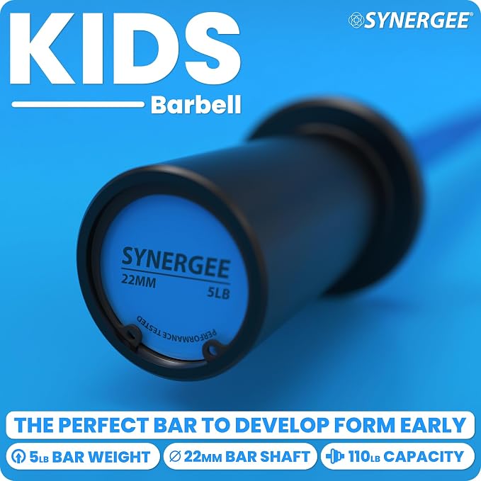 Synergee Kids Barbell – 5 lb Youth Bar in Blue Orange Pink