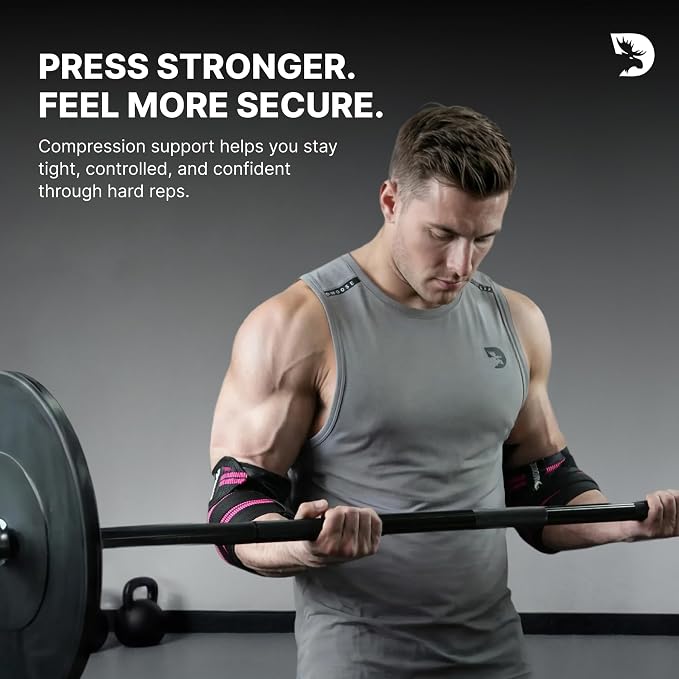 DMoose Fitness Elbow Wraps for Weightlifting (Pair) - 40'' Adjustable Strap for Gym Workout & Bench Press, Compression Elbow Sleeves for Tendonitis, Joint Support, Powerlifting & Deadlifts
