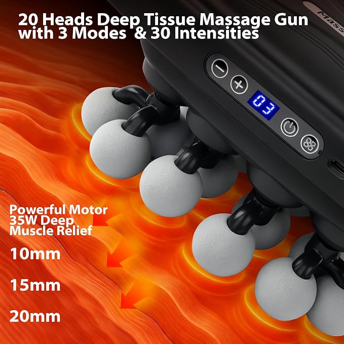 20 Head Portable Massage Gun,3 Modes,30 Levels,Deep Tissue | 20 balls massage deep tissue,30 speed levels,58kg force,25mm depth,USB-C,1800mAh,handhold massager
