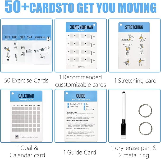 Bodyweight Workout Cards for Women & Men-50 Bodyweight Workout Cards，Includes 2 Rings& Dry-Erase for Easy Organization-Home, Gym or Studio (Bodyweight)