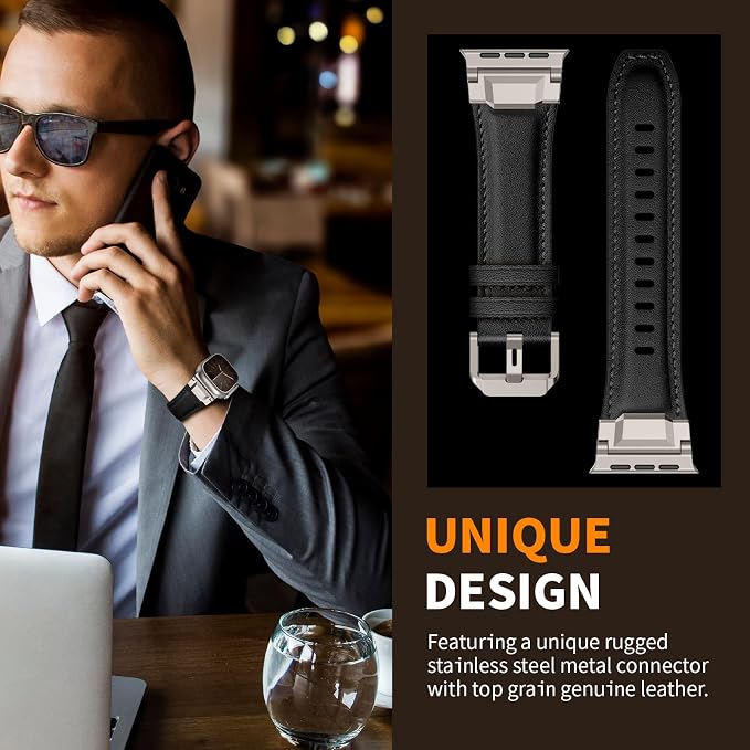 Bands Compatible with Apple Watch Ultra 3/2/1 Band 49/46/45/44mm | Genuine Leather Metal Connector Strap for iWatch Ultra Series 11/10/9/8/7/SE/6/5/4/3/2/1, Black/Titanium