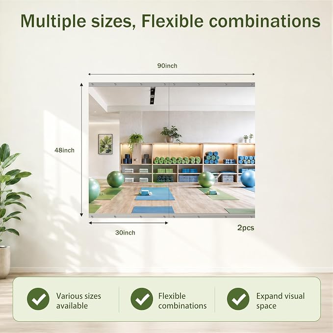 Home Gym Mirror, 48"x30"-2 PCS Gym Mirrors for Wall, Frameless, Tempered Glass, Large Workout Wall-Mounted Mirrors for Home Gym, Dance Studio, Yoga Room, Garage Gym, Silver