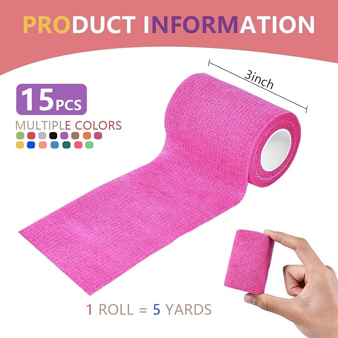 KISEER 15 Pack 3 Inch x 5 Yards Colorful Self Adhesive Bandage Breathable Cohesive Bandage Wrap Rolls Elastic Self-Adherent Tape for Stretch Athletic, Sports, Wrist, Ankle