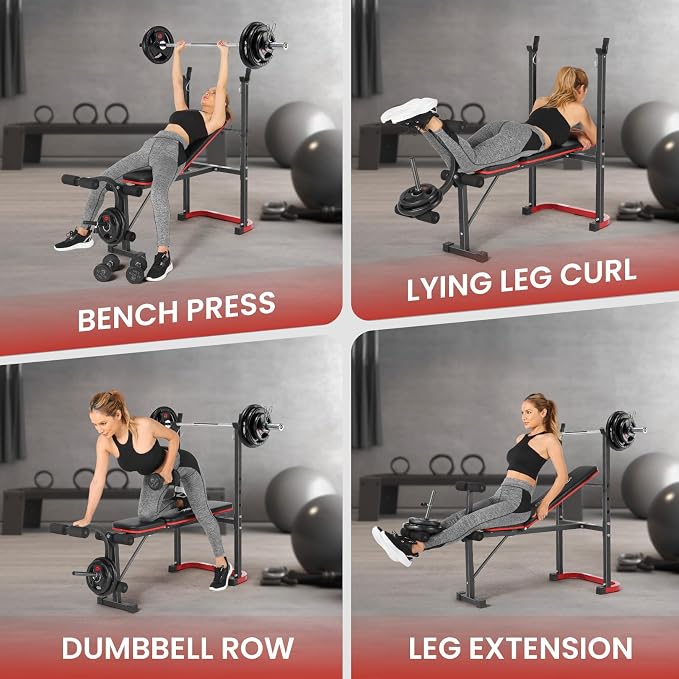 OPPSDECOR Foldable Weight Bench Set with Squat Rack and Preacher Curl Pad | Preacher Curl Bench, Leg Extension and Curl, 660lb Capacit Incline Decline Flat, Foldable Home Gym, For Women Teens Beginners